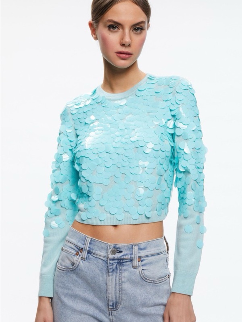 New Alice + Olivia Delfina Cropped Wool Pailette Sweater in Blue XS